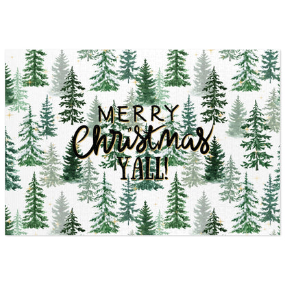"Merry Christmas Yall!" Puzzle with Tin Box with Christmas Tree Background
