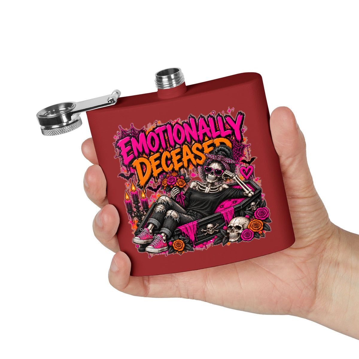 Emotionally Deceased 6oz Stainless Steel Flask | Dark Humor Gothic Drinking Flask by Subbin4Sanity