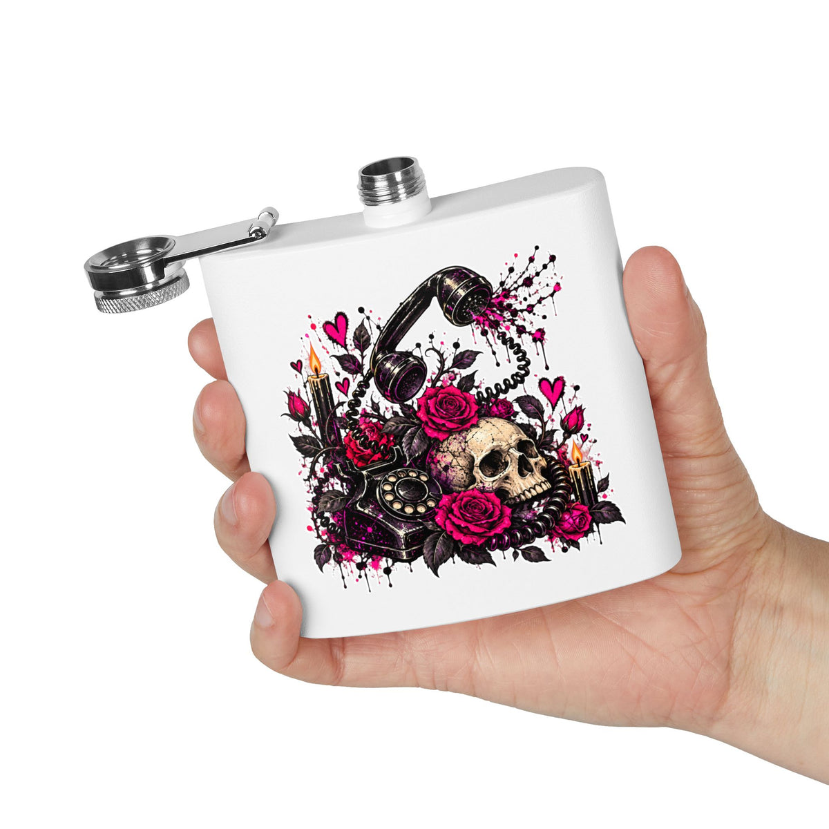 Karma’s Calling 6oz Stainless Steel Flask | Gothic Skull & Telephone Drinking Flask by Subbin4Sanity