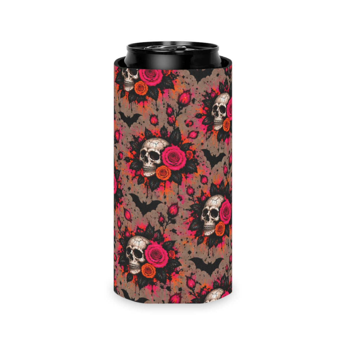 Deadly Blooms Pattern Foam Grip Koozie | Gothic Floral Skull Can Cooler by Subbin4Sanity