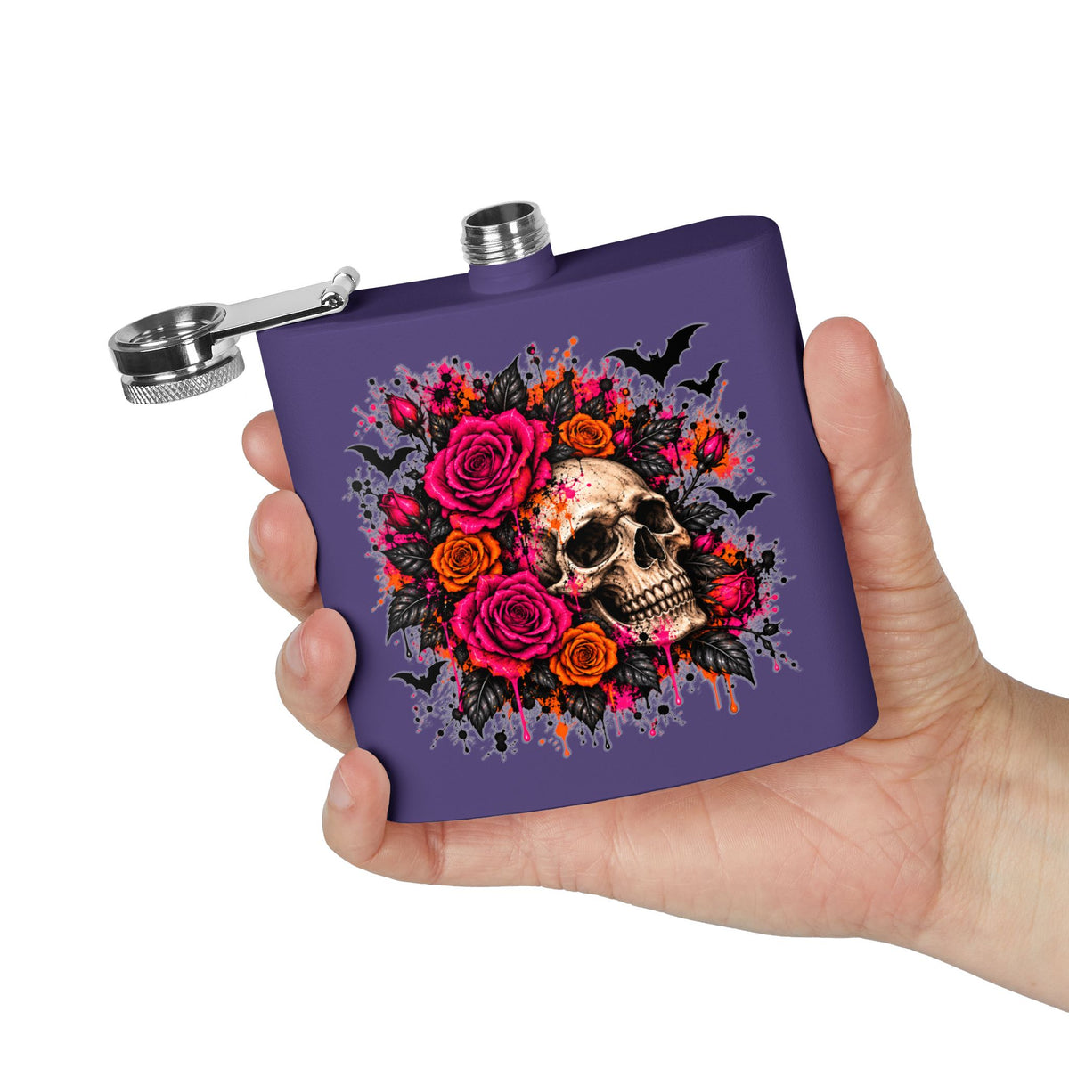 Deadly Blooms 6oz Stainless Steel Flask | Gothic Floral Skull Drinking Flask by Subbin4Sanity