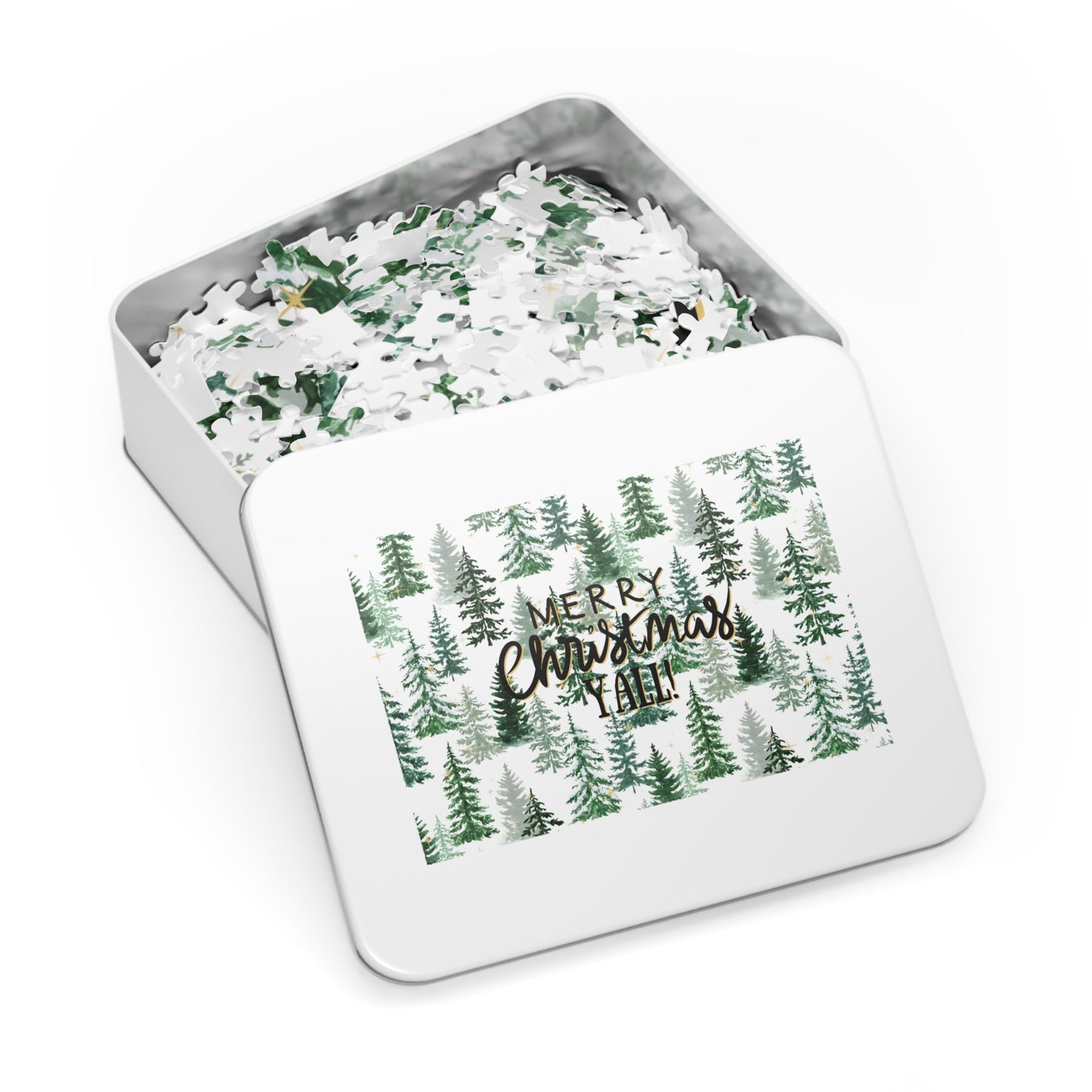 "Merry Christmas Yall!" Puzzle with Tin Box with Christmas Tree Background