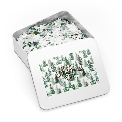 "Merry Christmas Yall!" Puzzle with Tin Box with Christmas Tree Background