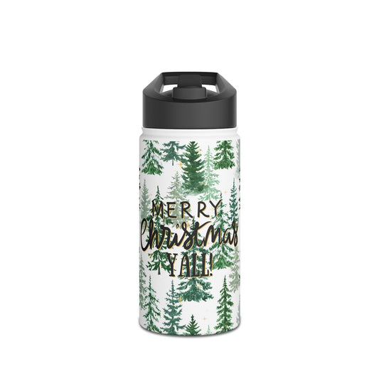 Merry Christmas Y'all Stainless Steel Water Bottle — Christmas Tree Design
