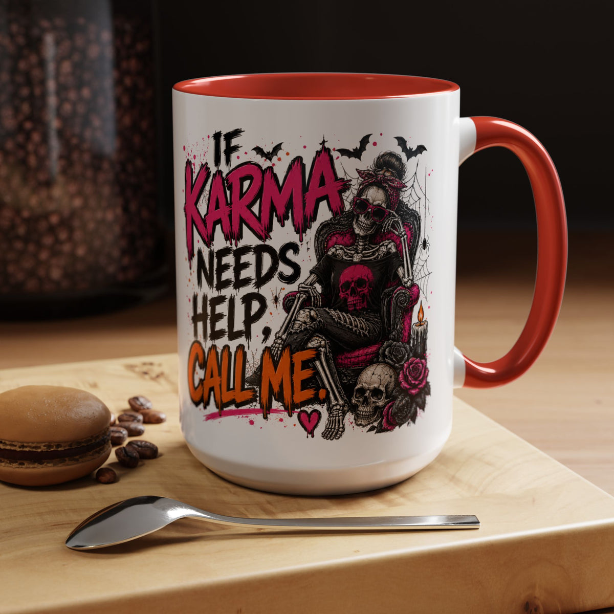 If Karma Needs Help Call Me Coffee Mug | Sarcastic Gothic Ceramic Mug by Subbin4Sanity