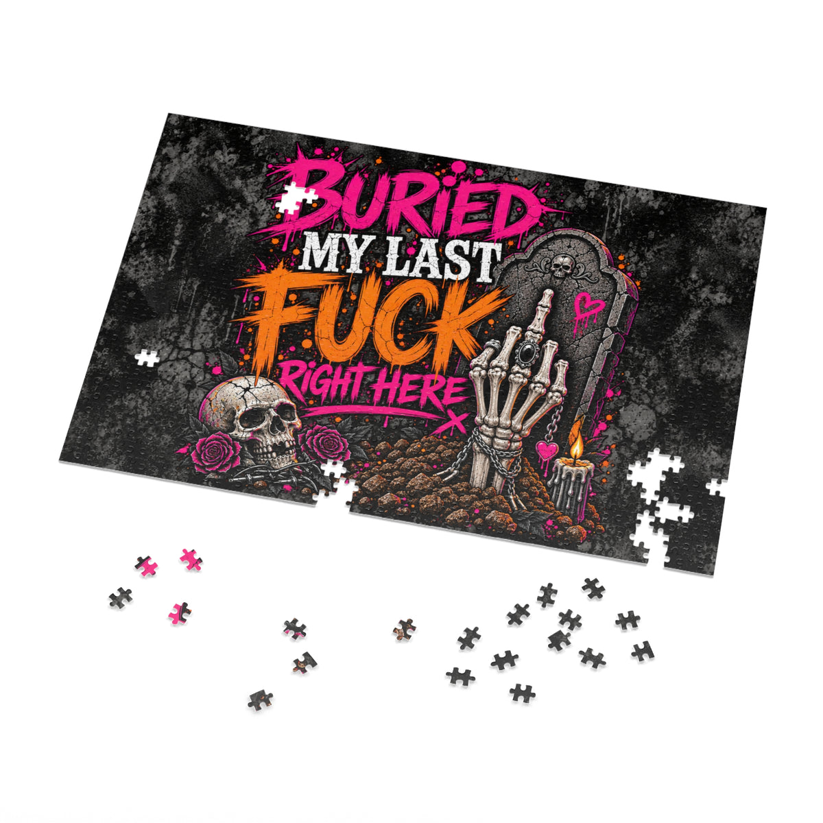 I Buried My Last Fuck Right Here Halloween Jigsaw Puzzle | Sarcastic Gothic Skull Puzzle by Subbin4Sanity