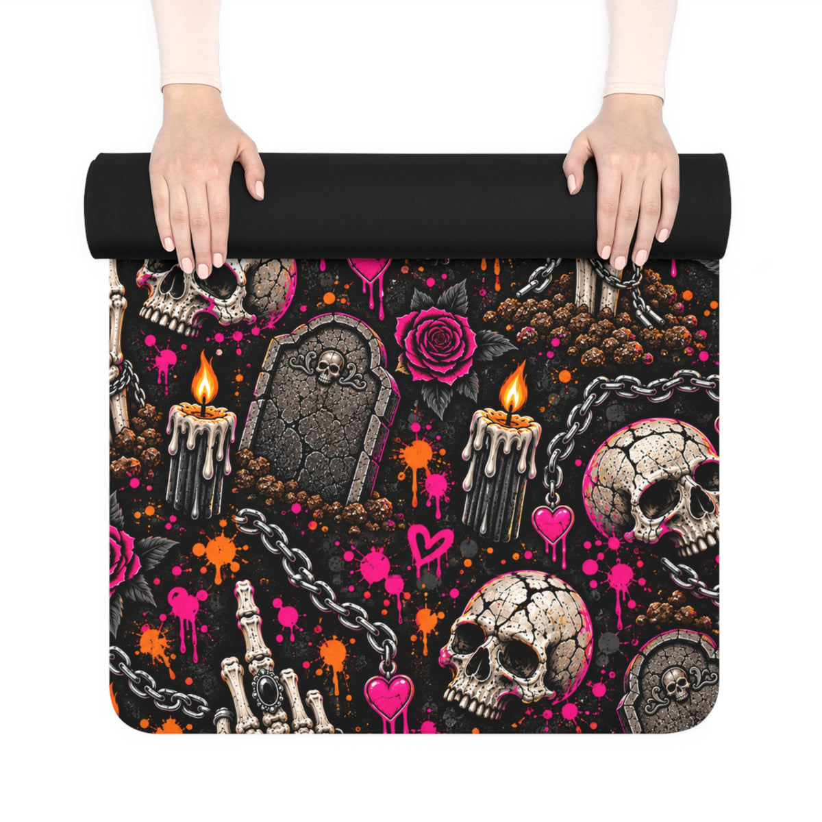Dirt & Defiance Pattern Rubber Yoga Mat | Gothic Skull & Coffin Workout Mat by Subbin4Sanity