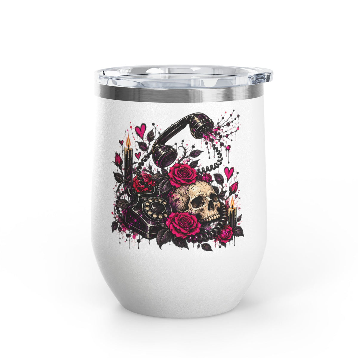 Karma’s Calling 12oz Wine Tumbler | Gothic Skull & Telephone Stainless Steel Cup by Subbin4Sanity