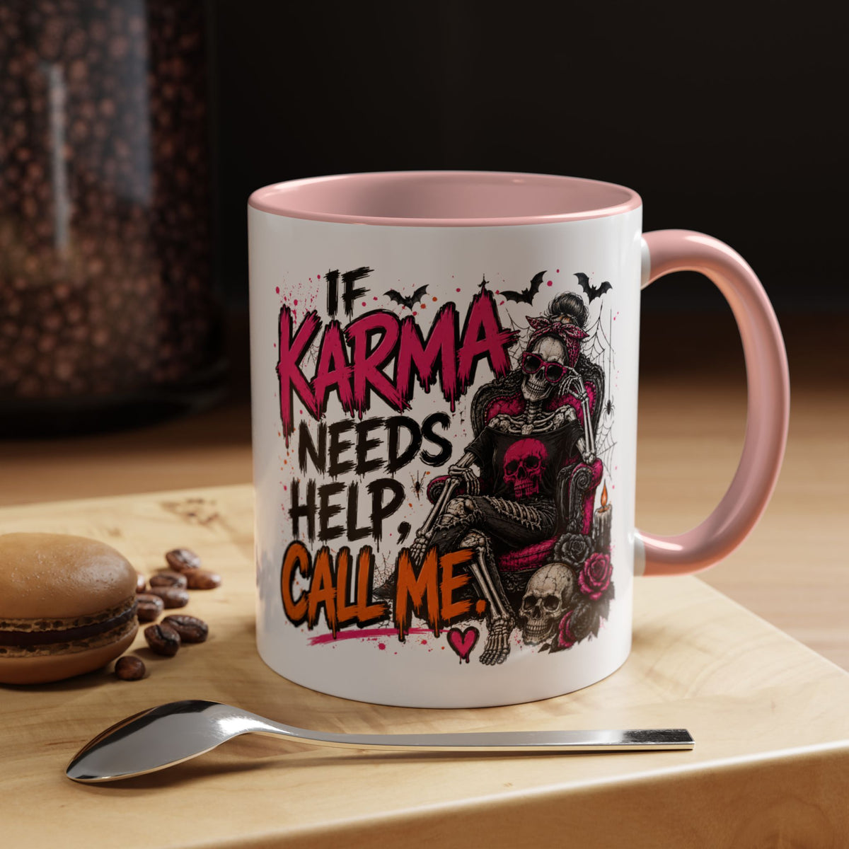 If Karma Needs Help Call Me Coffee Mug | Sarcastic Gothic Ceramic Mug by Subbin4Sanity