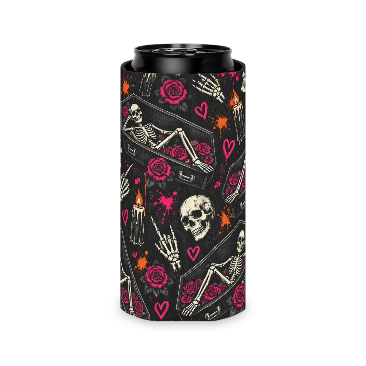 Dead & Unbothered Pattern Foam Grip Koozie | Gothic Skeleton Can Cooler by Subbin4Sanity