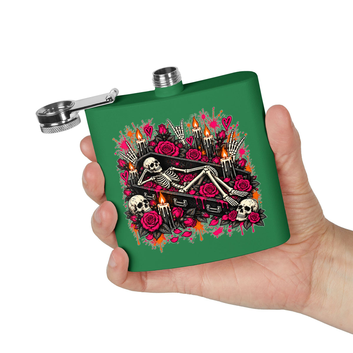 Dead & Unbothered 6oz Stainless Steel Flask | Gothic Skeleton Drinking Flask by Subbin4Sanity