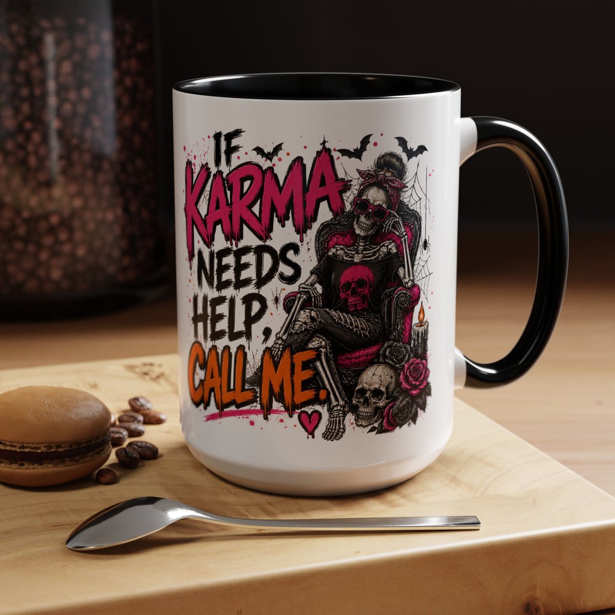 If Karma Needs Help Call Me Coffee Mug | Sarcastic Gothic Ceramic Mug by Subbin4Sanity