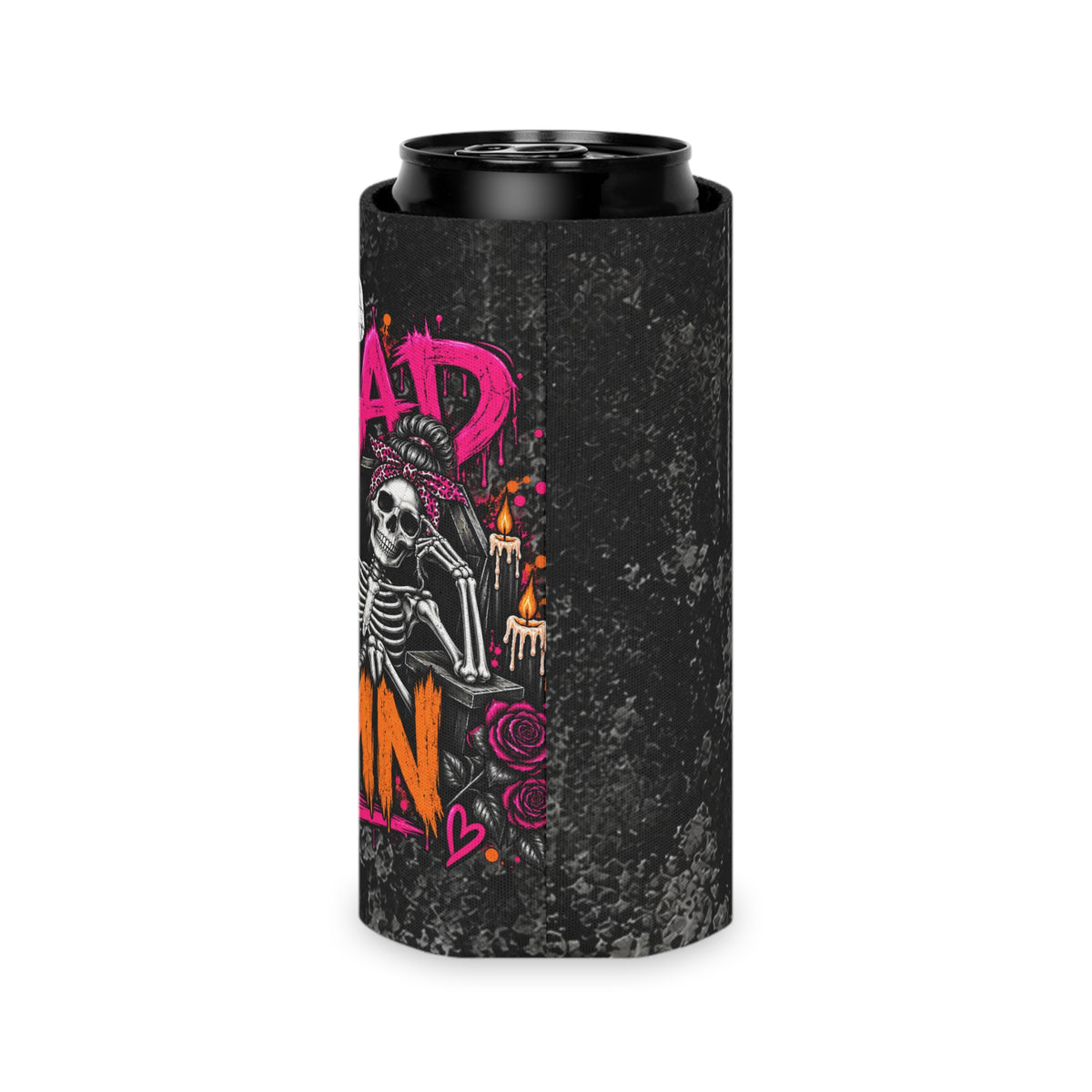 Too Dead To Give A Damn Foam Grip Koozie | Sassy Skeleton Can Cooler by Subbin4Sanity
