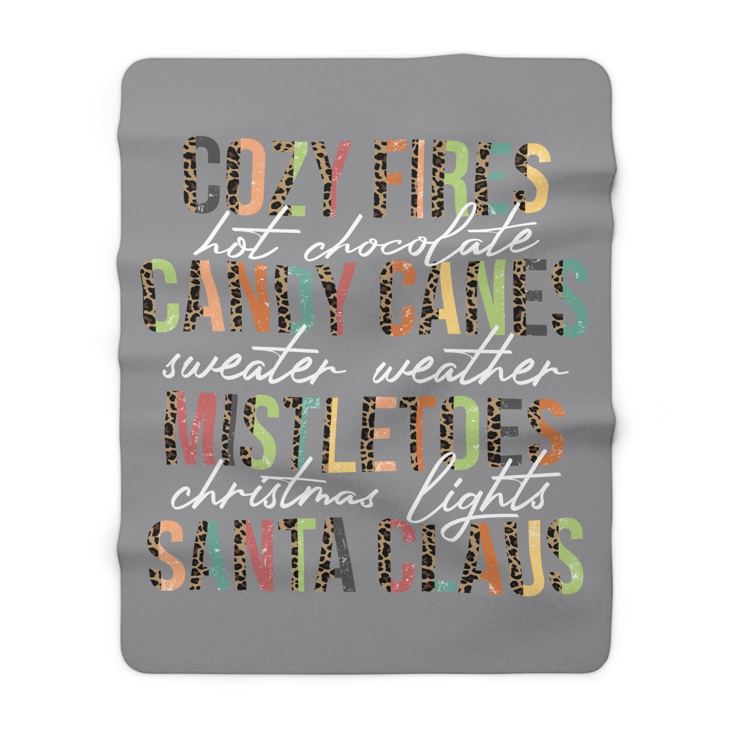 Grey Christmas sherpa fleece blanket with cozy holiday word art design