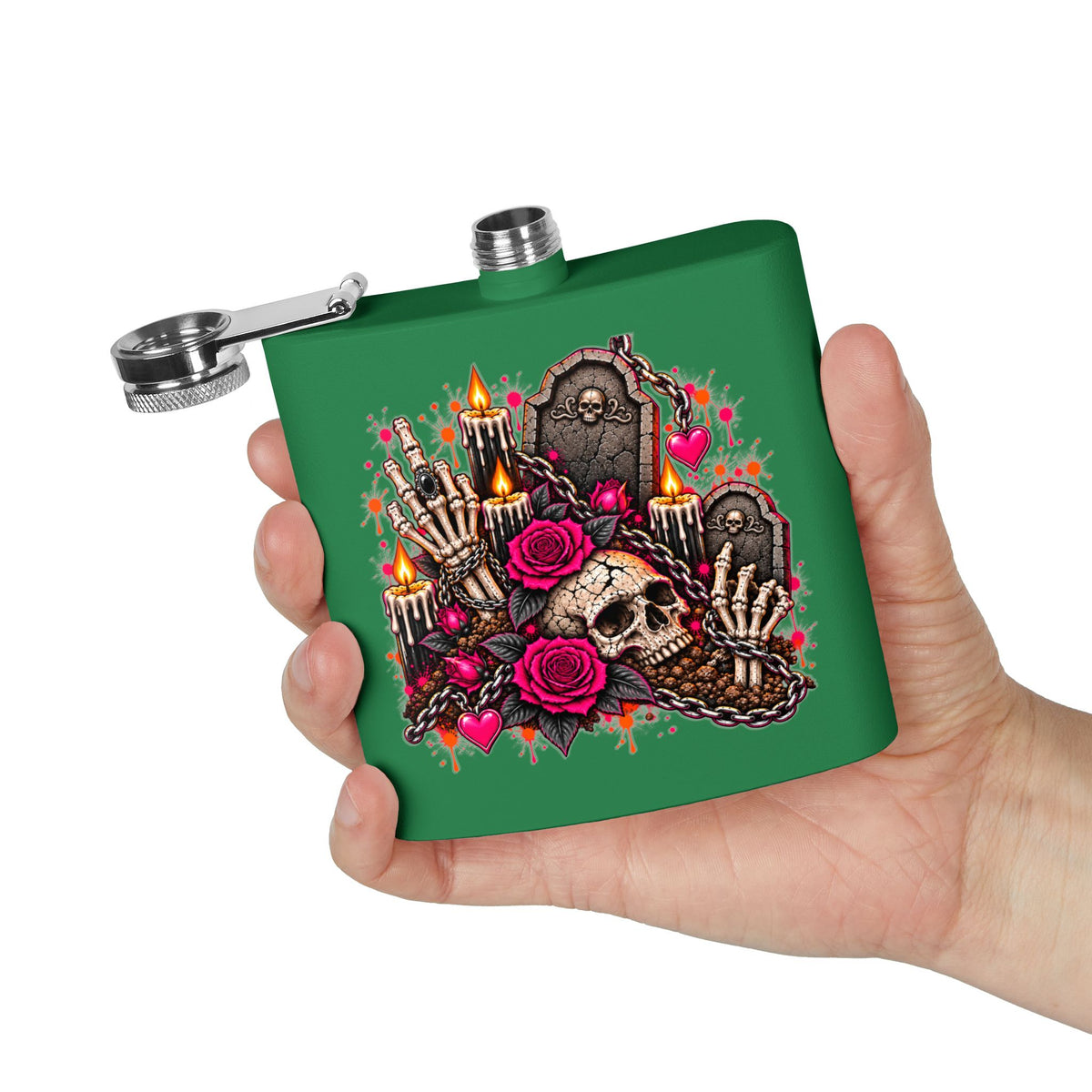 Dirt & Defiance 6oz Stainless Steel Flask | Gothic Coffin & Skull Drinking Flask by Subbin4Sanity