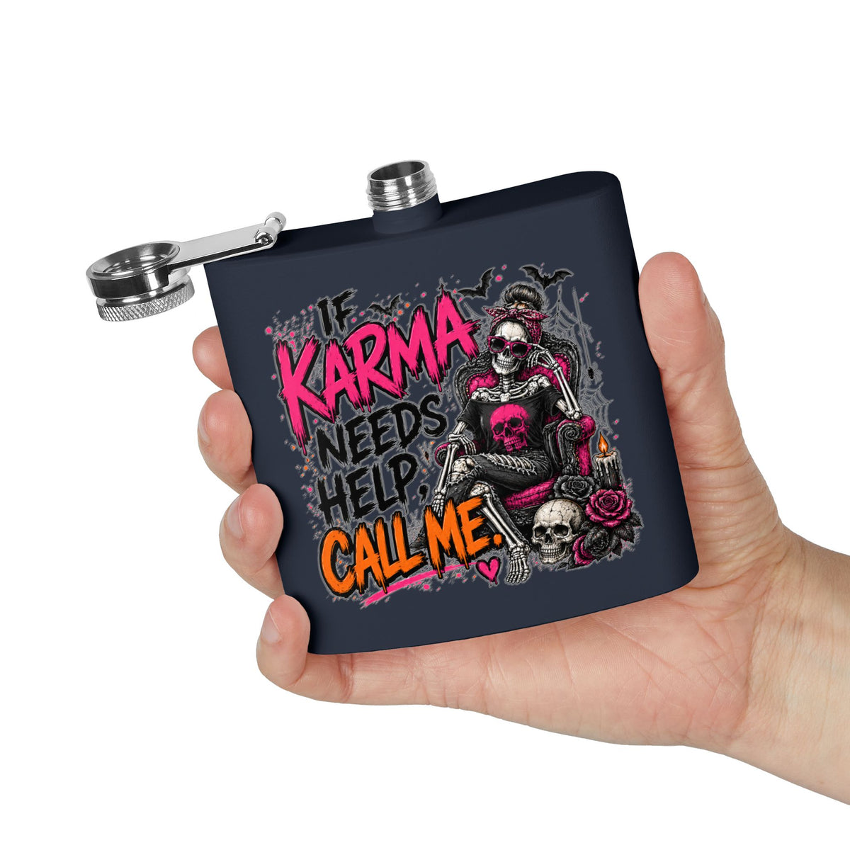 If Karma Needs Help, Call Me 6oz Stainless Steel Flask | Sarcastic Gothic Drinking Flask by Subbin4Sanity