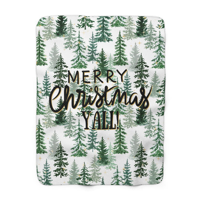 Christmas Sherpa Fleece Blanket | Merry Christmas Y’all Tree Pattern Throw