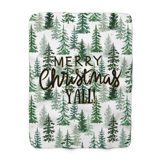 Christmas Sherpa Fleece white Blanket with christmas tree pattern "merry christmas yall"