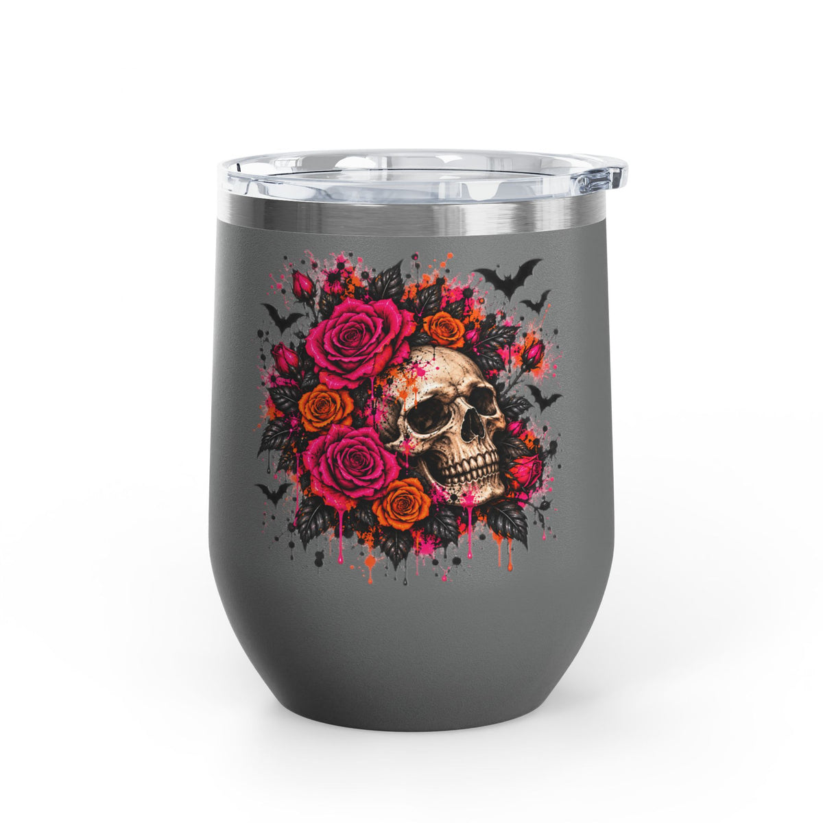 Deadly Blooms 12oz Wine Tumbler | Gothic Floral Skull Stainless Steel Cup by Subbin4Sanity