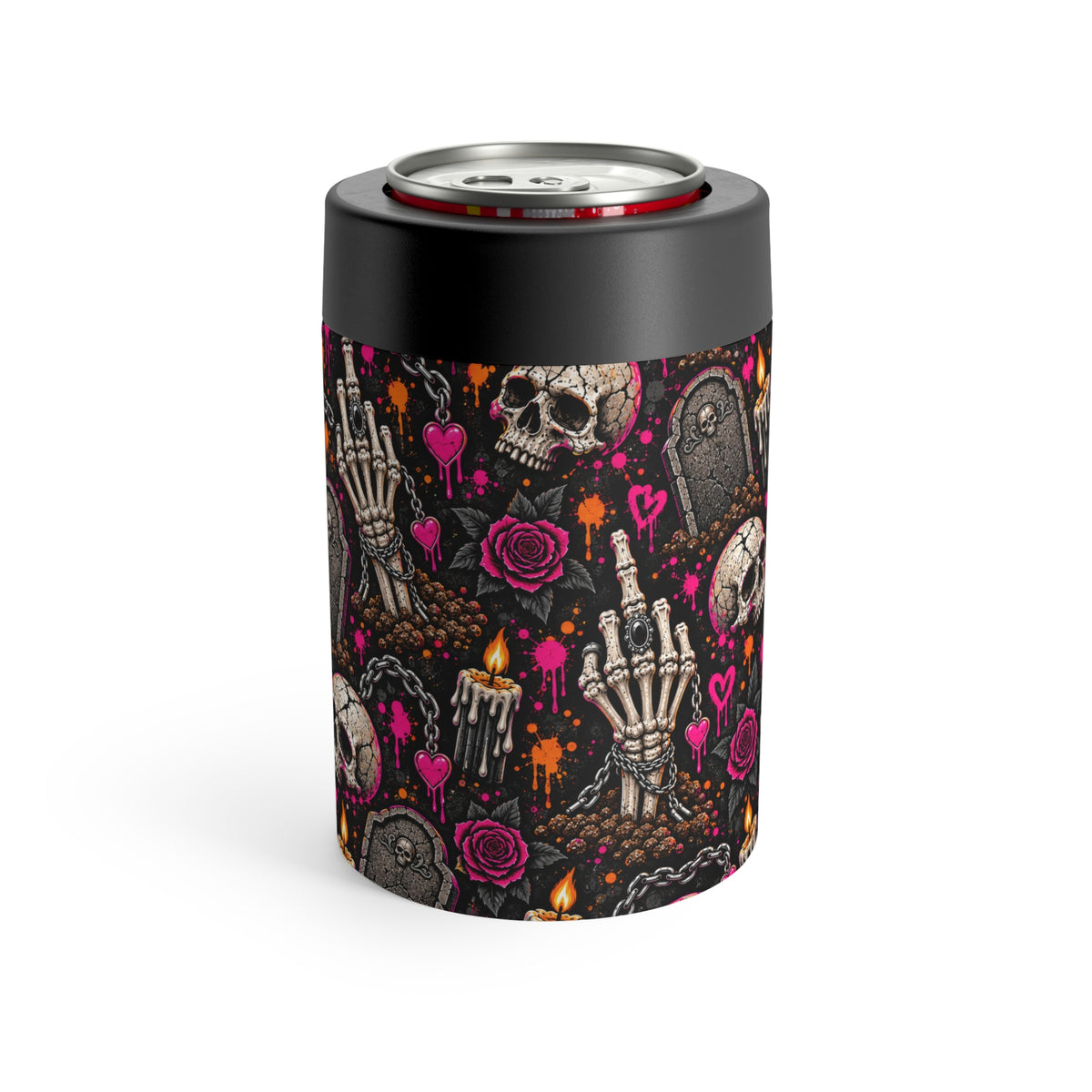 Dirt & Defiance Pattern 12oz Insulated Stainless Steel Koozie | Gothic Skull & Floral Can Holder by Subbin4Sanity