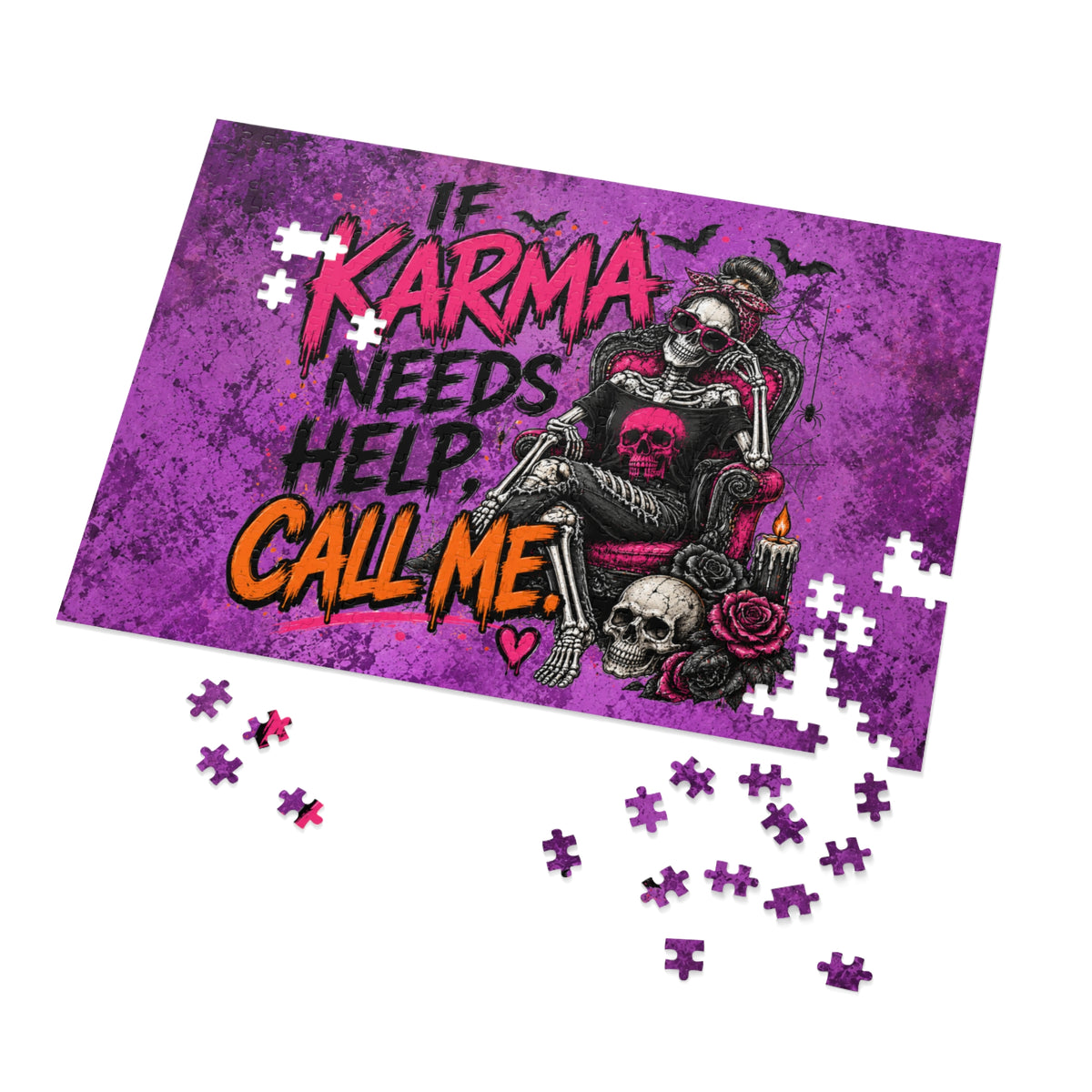 If Karma Needs Help, Call Me Halloween Jigsaw Puzzle | Sarcastic Gothic Skull Puzzle by Subbin4Sanity