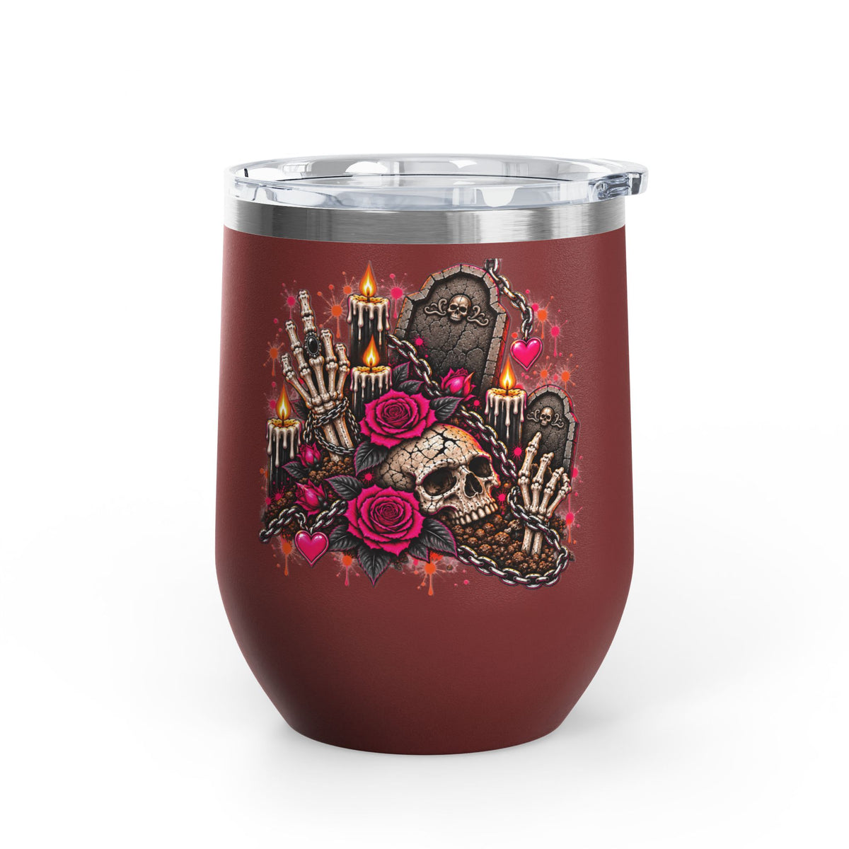 Dirt & Defiance 12oz Wine Tumbler | Gothic Skull & Coffin Stainless Steel Cup by Subbin4Sanity