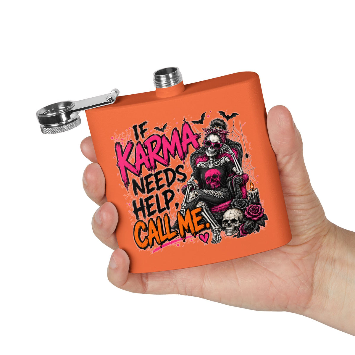 If Karma Needs Help, Call Me 6oz Stainless Steel Flask | Sarcastic Gothic Drinking Flask by Subbin4Sanity