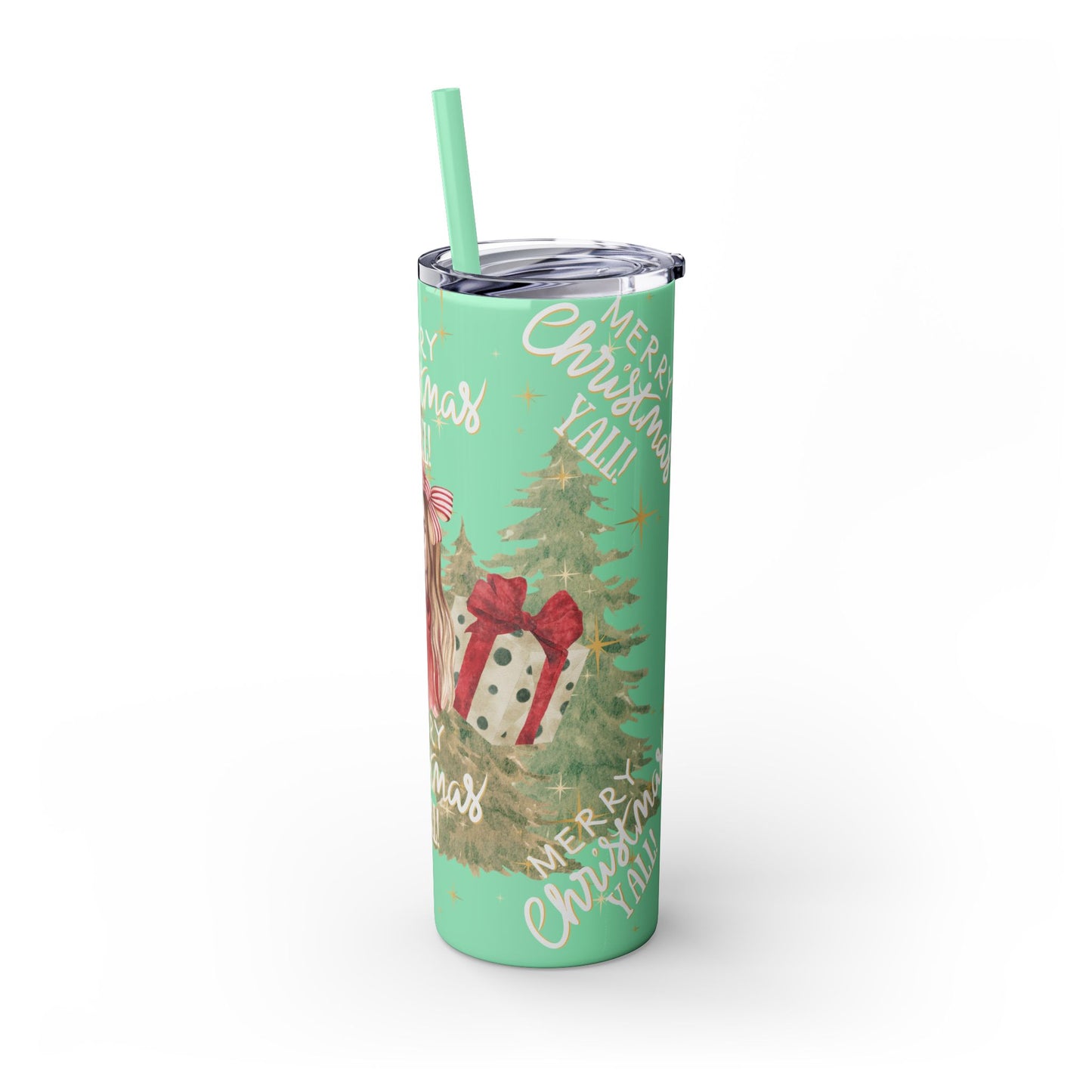 Christmas Skinny Tumbler with Straw, 20oz, "Merry Christmas Yall/I'm a gift"