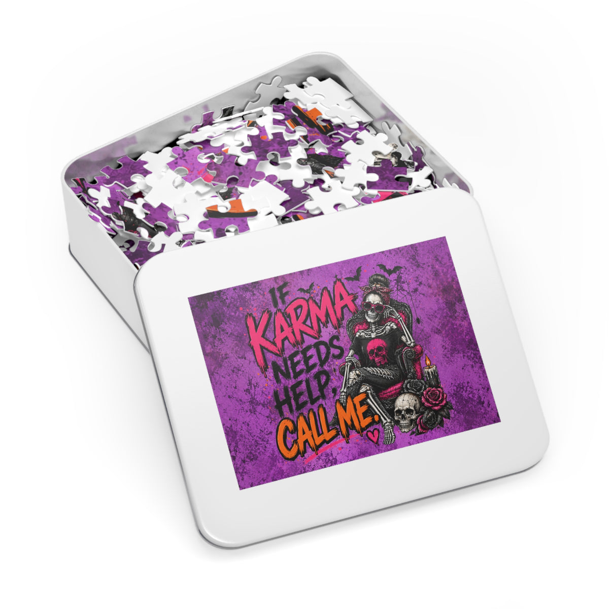 If Karma Needs Help, Call Me Halloween Jigsaw Puzzle | Sarcastic Gothic Skull Puzzle by Subbin4Sanity