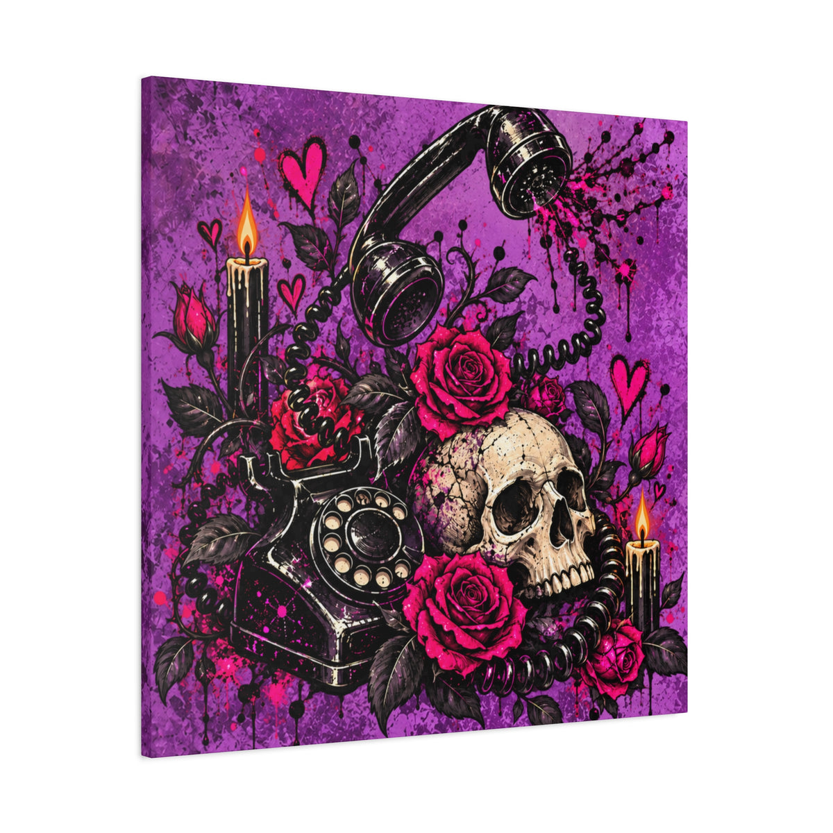 Karma’s Calling Halloween Canvas | Gothic Skull, Roses & Vintage Phone Wall Art by Subbin4Sanity