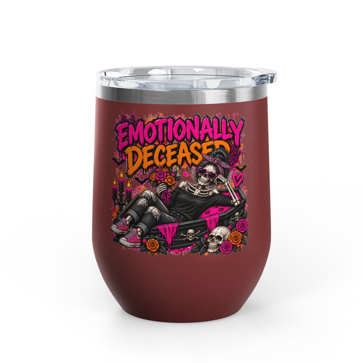 Emotionally Deceased 12oz Wine Tumbler | Dark Humor Gothic Stainless Steel Cup by Subbin4Sanity