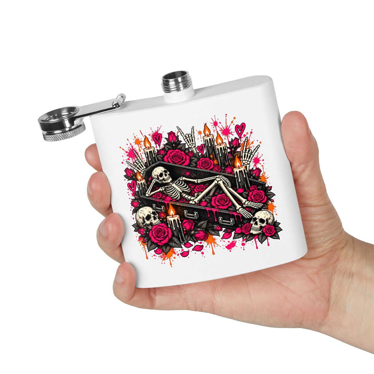 Dead & Unbothered 6oz Stainless Steel Flask | Gothic Skeleton Drinking Flask by Subbin4Sanity