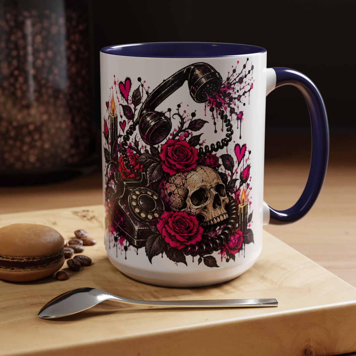 Karma’s Calling Coffee Mug | Gothic Skull & Telephone Ceramic Mug by Subbin4Sanity