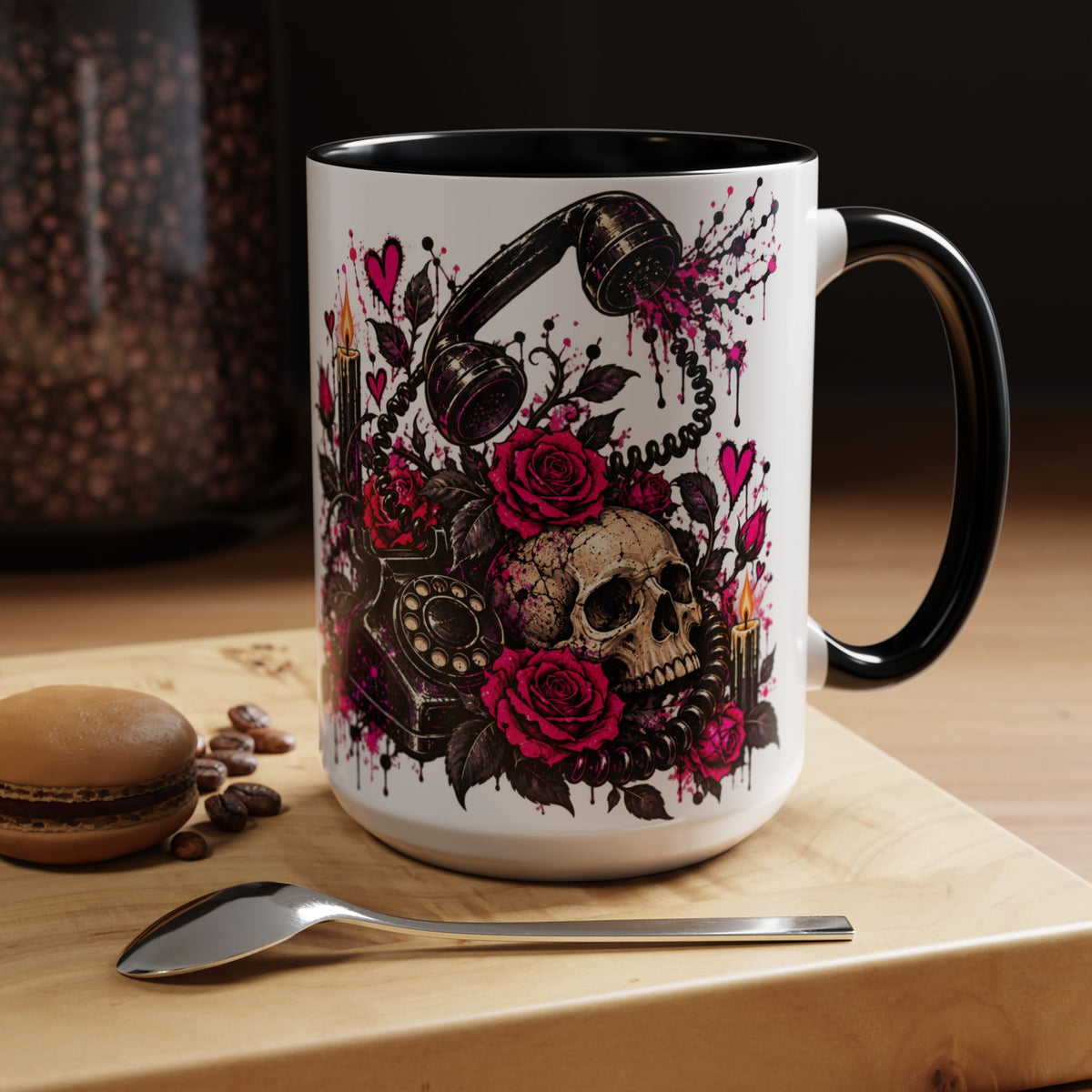 Karma’s Calling Coffee Mug | Gothic Skull & Telephone Ceramic Mug by Subbin4Sanity