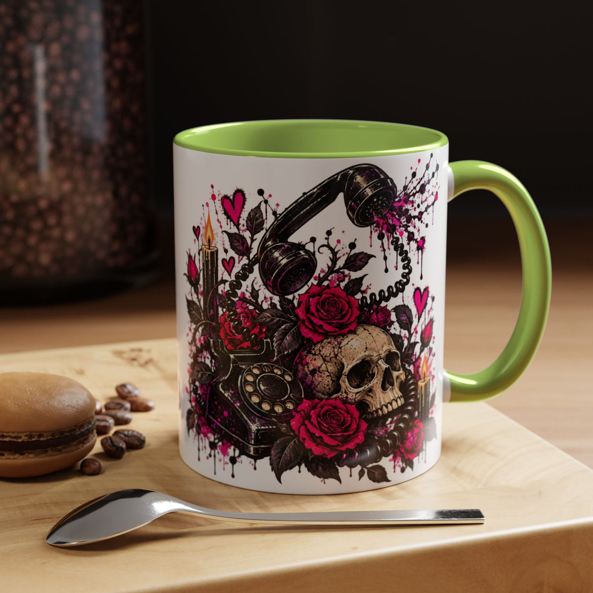 Karma’s Calling Coffee Mug | Gothic Skull & Telephone Ceramic Mug by Subbin4Sanity