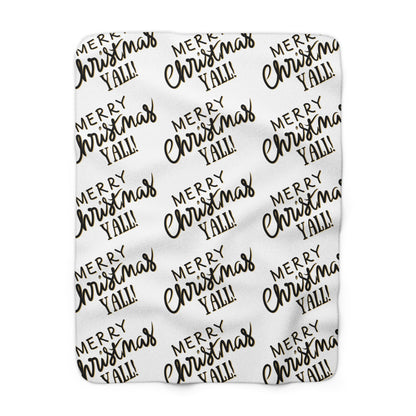 White Christmas sherpa fleece blanket with Merry Christmas Y’all pattern