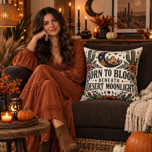 Born to Bloom Beneath Desert Moonlight – Double-Sided Boho Halloween Pillowcase & Insert