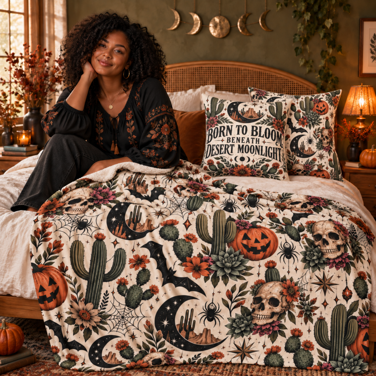 Born to Bloom Beneath Desert Moonlight – Double-Sided Boho Halloween Pillowcase & Insert