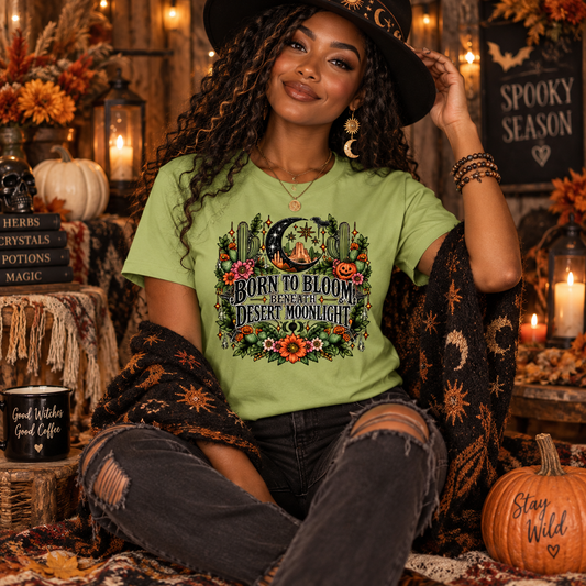 Born To Bloom Beneath Desert Moonlight T-Shirt | Boho Halloween Celestial Floral Tee by Subbin4Sanity