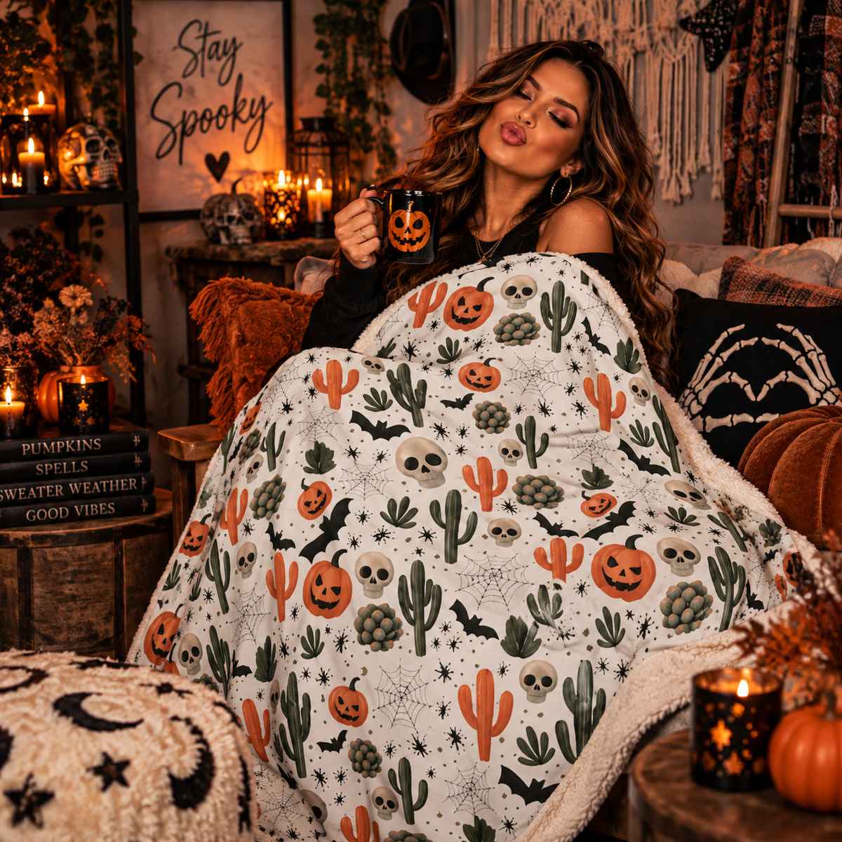 Cactus & Creepy Things Sherpa Fleece Blanket | Boho Halloween Throw by Subbin4Sanity
