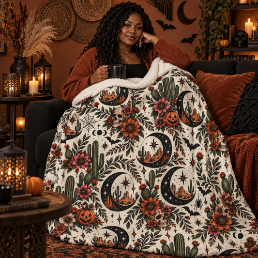 Crescent Blooms Sherpa Fleece Blanket | Celestial Boho Halloween Throw by Subbin4Sanity