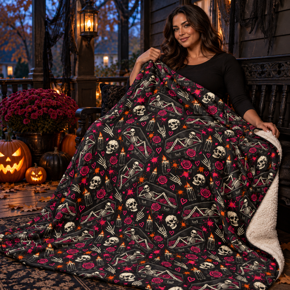 Dead & Unbothered Sherpa Fleece Blanket | Gothic Skeleton & Rose Throw by Subbin4Sanity