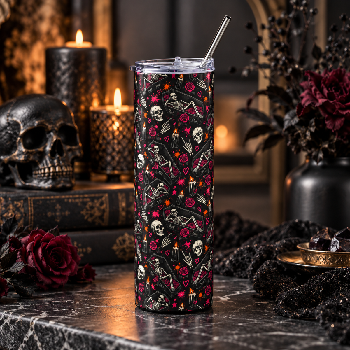 Dead & Unbothered 20oz Stainless Steel Tumbler | Gothic Skeleton & Coffin Drinkware by Subbin4Sanity