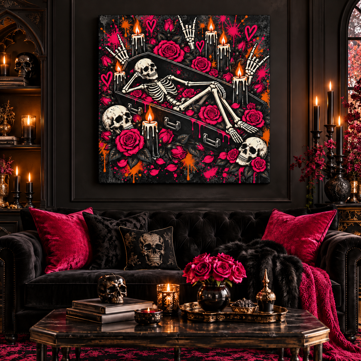 Dead & Unbothered Halloween Canvas | Gothic Skeleton, Coffin & Rose Wall Art by Subbin4Sanity