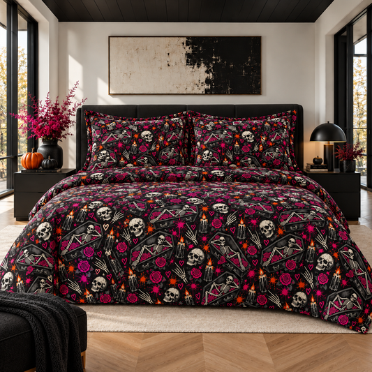 Dead & Unbothered Comforter | Gothic Halloween Bedding with Skeletons, Roses & Tombstones by Subbin4Sanity