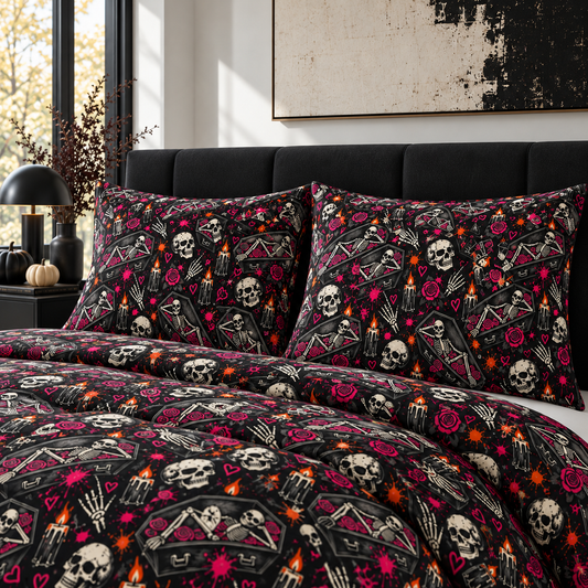 Dead & Unbothered Pillow Sham | Gothic Halloween Bedding with Skeletons, Coffins & Roses by Subbin4Sanity