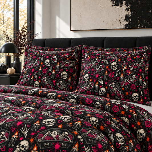 Dead & Unbothered Pillow Sham | Gothic Halloween Bedding with Skeletons, Coffins & Roses by Subbin4Sanity