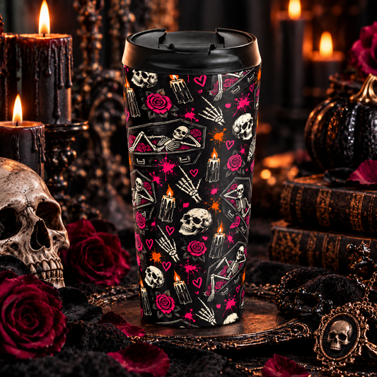 Dead & Unbothered 15oz Stainless-Steel Coffee Mug | Gothic Skeleton & Coffin Travel Mug by Subbin4Sanity