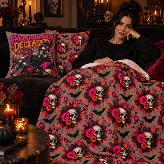 Deadly Blooms Sherpa Fleece Blanket | Skull & Rose Halloween Throw by Subbin4Sanity