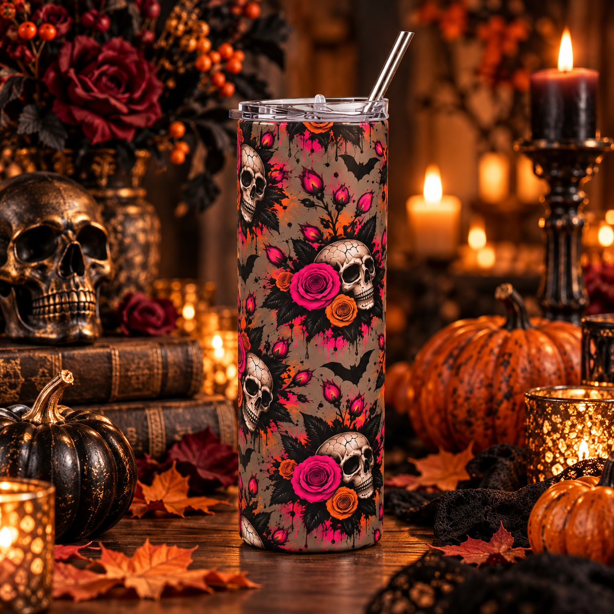 Deadly Blooms 20oz Stainless Steel Tumbler | Gothic Skull & Rose Drinkware by Subbin4Sanity